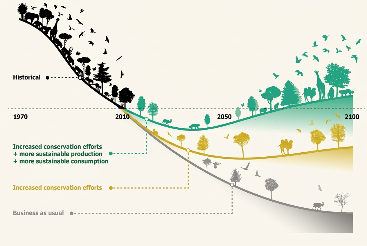 Bending the curve: a stylized chart showing Australian biodiversity from 1970 declining steeply, then diverging from 2010 into three futures — business as usual continuing down, increased conservation recovering modestly, and commerce plus conservation rising sharply by 2100.